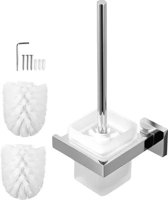 Produktbild von Famanu Toilettenbürsten-Set aus mattem Glas mit 2 Ersatzbürsten - Wandmontage - Badezimmeraccessoires - lange Stange - abnehmbarer Spiegel -
