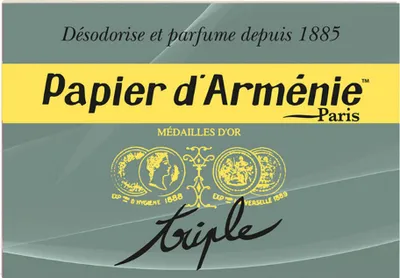 The image shows the packaging of Papier d'Armenie, a brand of scented paper.