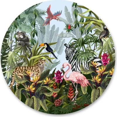 Image de Sticker DSCHUNGEL animaux sauvages plantes nature cercle motif moderne sticker décoration murale 100 cm x 100 cm