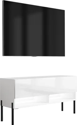 Produktbild von TV-Lowboard 100 cm Mattweiß / Hochglanzweiß, gerade schwarze Beine, weiße LED, 100 × 32 × 52 cm