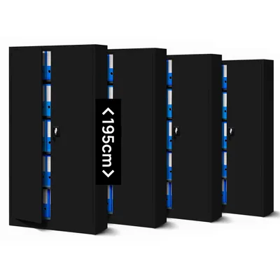 Four black metal filing cabinets are shown lined up, with the doors slightly ajar revealing blue file folders inside.