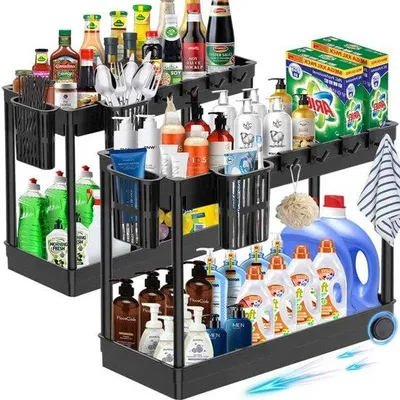 Produktbild von Famanu Untertischregal 2 Etagen - Küchenorganizer mit 8 Haken und 4 Hängebechern