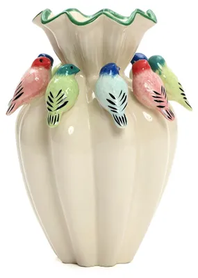 Produktbild von Keramikvase mit bunten Vogelmotiven, 38,8 cm hoch – Vasen im modernen Landhausstil