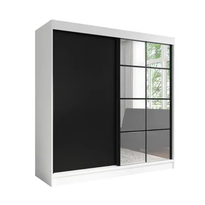 Produktbild von TAVIRO 200 cm Weiß / Schwarz 2-türiger Kleiderschrank mit Spiegel, 3 Schubladen und Kleiderstangen – Funktionalität und Eleganz!