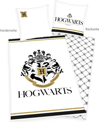 A Harry Potter Hogwarts themed duvet cover and pillowcase set, displayed flat.