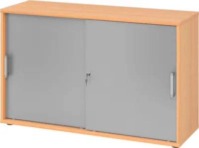 Produktbild von bümö Schiebetürenschrank office - 2 Ordnerhöhen - Griff: Chromgriff (Metall), Nachbildung: Buche/Silber