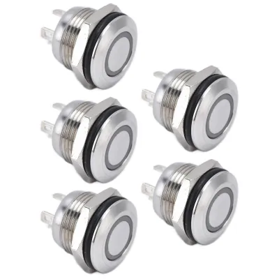 Image de 5Pcs Bouton Interrupteur en Acier Inoxydable Bouton Plat avec LED Auto-Réinitialisation Accessoires d'Alimentation 12mmDC3?6V Bleu