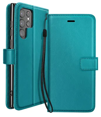 Produktbild von Mayaxess, Brieftasche für Galaxy S22 Ultra mit Standfunktion und Handschlaufe, Türkis