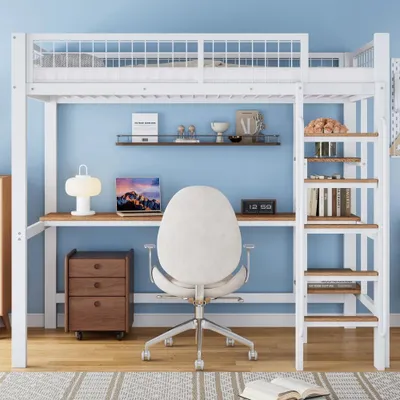 Image de Lit superposé avec bureau - 90 x 200 cm - Étagères de rangement - Escalier à 5 marches - Barrière de sécurité - Structure en métal et bois - Blanc/Naturel