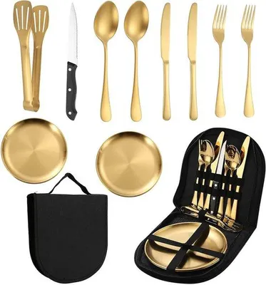 Image de Kit de camping pour 2 personnes - Set de couverts de camping en acier inoxydable 10 pièces - Kit de haute qualité et peu encombrant, idéal pour les activités de plein air, les pique-niques, les barbecues et la randonnée