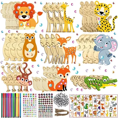 Produktbild von Holztiere Bastelset Kinder 27 Teile 9 Formen zum Bemalen mit Zubehör