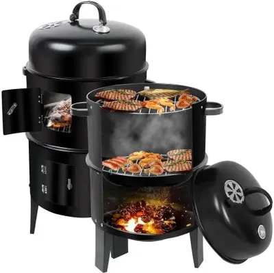 Produktbild von Holzkohlegrill, 3 in 1 Smoker BBQ, mit Thermometer, für Garten