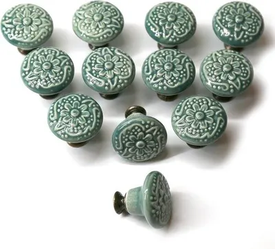 Produktbild von Set aus 12 Vintage-Knopfgriffen, runde keramische Griffe von 34 mm, Möbelgriffe, Vintage runde Möbelgriffe, für Tische und Schubladen (grün).
