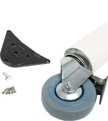 A close-up view of a white table leg with a caster wheel and mounting plate, along with screws and a bolt, against a white background.