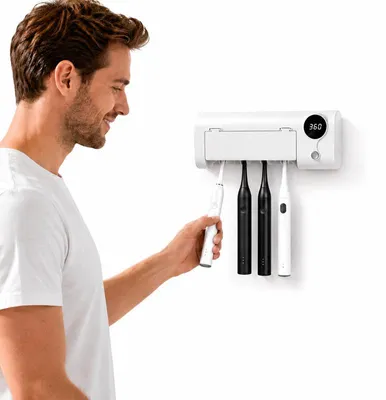 Produktbild von UV Zahnbürsterhalter & Desinfektionsbox, 4 Slots, Wandmontage ohne Bohren – Zahnbürster UV-Reiniger mit Smart-Sicherheitsstop für Badezimmer