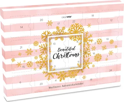 A Christmas advent calendar with pink and white stripes, decorated with gold snowflakes and a central square featuring the text 'Beautiful Christmas'.