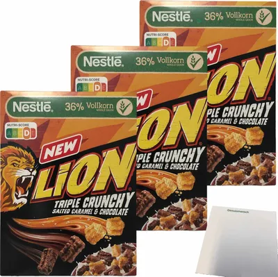 Produktbild von Lion Triple Crunchy salted Caramel & Chocolate Cereals in Churros Form 3er Pack (3x300g Packung) + usy Block