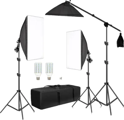 Produktbild von Fotografie Softbox-Set, 3 Softboxen, Auslegearm, 135W Tageslichtlampe