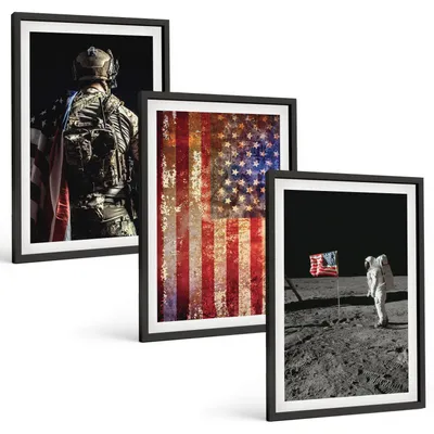 Produktbild von Bilder Set 3-teilig im schwarzen Rahmen – Wandbilder 3 Stück – gerahmte Poster für Wohnzimmer, Schlafzimmer und Flur – 40x60 cm – Amerikanische Symbole, USA-Flagge