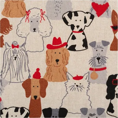 Produktbild von Dekostoff Meterware Halbpanama Dog Dress Up natur rot braun 140cm