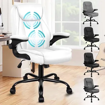Produktbild von Ergonomisch Bürostuhl Massage Chefsessel, Schreibtischstuhl Armlehnen höhenverstellbarer, Drehstuhl Wippfunktion 90°-135°, Computerstuhl mit Rollen,Besprechungsstuhl Kunstleder, Weiß