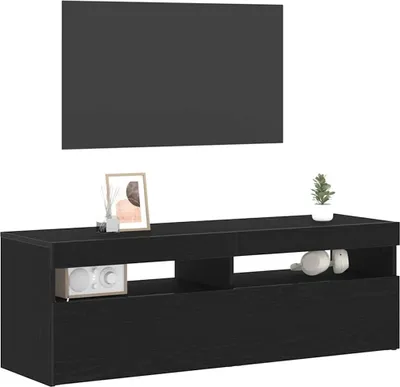 A black TV stand with a wall-mounted cabinet above it, on a white background.