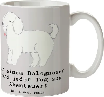 Produktbild von Mr. & Mrs. Panda Henkeltasse Bologneser Abenteuer - Grau Pastell - Geschenk, Hunderassen, haferl, Teepott, Hund, Hundeliebhaber, Lebensfreude, treue Begleiter, Tasse