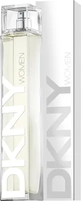 A bottle of DKNY Energizing Woman Eau de Parfum and its packaging are presented against a white background.