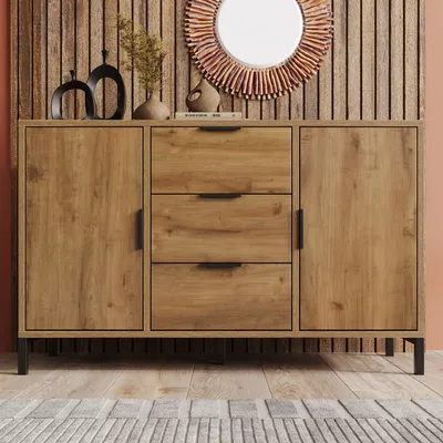 Produktbild von STILVORA Kommode mit 2 Türen und 3 Schubladen,Sideboard Höhenverstellbar mit verstellbare Ablage,Beistellschrank mit schwarzen Metallrahmen,Braun