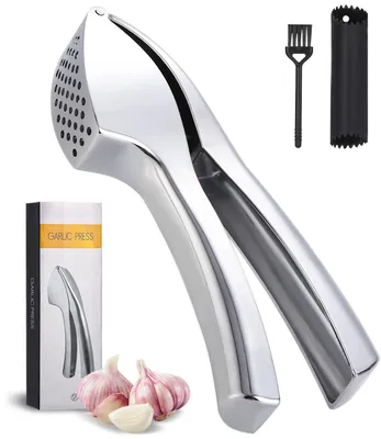 Produktbild von Knoblauchpresse, Knoblauchschneider mit Knoblauchschäler und Reinigungsbürste, praktischer und leicht zu reinigender Knoblauchpresse-Küchenhelfer