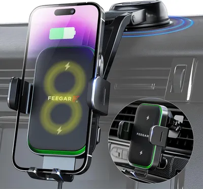 A smartphone wireless charger mounted on a car dashboard.