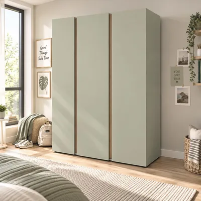 Produktbild von Jugendzimmer Kleiderschrank 145 cm breit in Grün mit Eiche, 3 Türen, 2 Kleiderstangen - LAUKA-133
