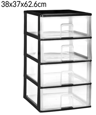Obrázok produktu pre Úložná zásuvková skrinka – Stohovateľné úložné riešenie – 4 zásuvky – 2 kusy – 38 x 37 x 62,6 cm – Polypropylén (PP) – Univerzálne použitie – Čierna