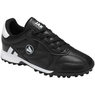 A black and white Jako soccer shoe for children.