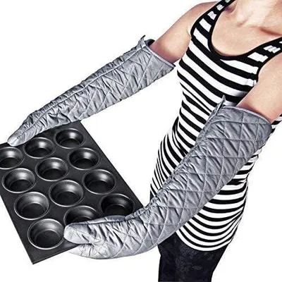 Produktbild von 59 cm lange Baumwoll-Ofenhandschuhe, hitzebeständig und lang, Küchen-/Back-Handschuhe für Schutz bei heißem Kochen und Grillen, Paar,Umweltfreundlich