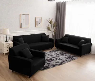 Image de 6 PIÈCES Housses de canapé stretch Pure Color Housse de protection pour meubles 1 triple 1 double 1 simple et 3 housses de coussin Combinaison, Noir