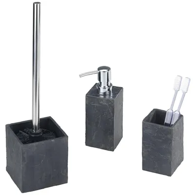 Produktbild von 3 Tlg WENKO Bad-Accessoire-Set Slate Rock Schiefer Optik (Zahnputzbecher, Seifenspender, WC- Garnitur)