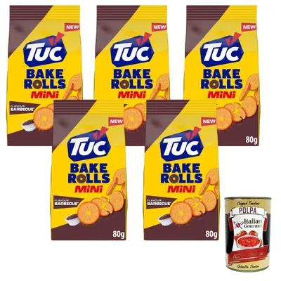 Produktbild von Tuc Italian Gourmet Tuc Bake Rolls Mini Barbecue Geschmack,Knusprige Brotchips mit BBQ-Würzung 5 x 80g+ Italian Gourmet Polpa Gehackte Tomaten 400g