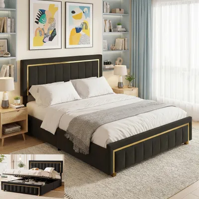 Obrázek produktu pro Postel s pružinovou základnou INONEFT, rozměr 160x200 cm, s hydraulickým zvedákem pro úložný prostor, čalouněná postel s roštem, dvoulůžko, postel pro mládež s úložným prostorem, materiál: samet, barva: černá