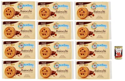 Produktbild von Mulino Bianco Baiocchi Kekse mit Haselnusscreme und Kakao zum Frühstück und süßer Snack für den Nachmittag 12x 336 g + Italian gourmet polpa 400g