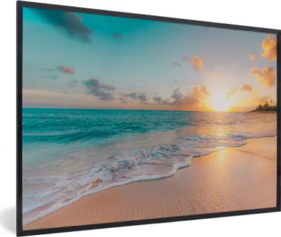 Produktbild von MuchoWow® Gerahmtes Poster Sonnenuntergang - Strand - Meer - Sommer - Blau 90x60 cm - Poster mit Schwarzem Bilderrahmen Wandposter Rahmen Foto Bilder - Fotorahmen - Foto-Plakat