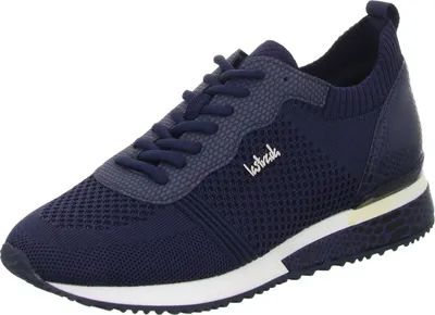 A single navy blue sneaker is shown against a white background.