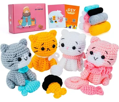 Image de Kit de crochet pour débutants : 4 chats à réaliser, avec fil, crochet, aiguilles et instructions vidéo