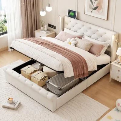 Immagine prodotto di Letto idraulico INONEFT, 160 x 200 cm, letto imbottito con LED e USB, letto matrimoniale con spazio contenitore e rete a doghe, letto per adulti, in velluto, color beige