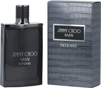 A bottle of Jimmy Choo Man Intense Eau de Toilette and its packaging are displayed side-by-side against a white background.