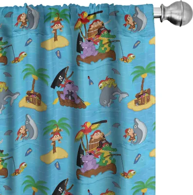 Produktbild von ABAKUHAUS Pirates Vorhänge, Gardinen, Freundliche und lustige Cartoon-Tiere, die auf Blue Sea Tropical Island Treasure schwimmen, 2 Stück 75 x 175 cm, Mehrfarbig