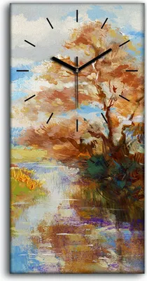 Produktbild von Wandbild Leinwand Bilder mit Uhr 30x60 Malerei Bäume Fluss Himmel Wolken - schwarze Hände
