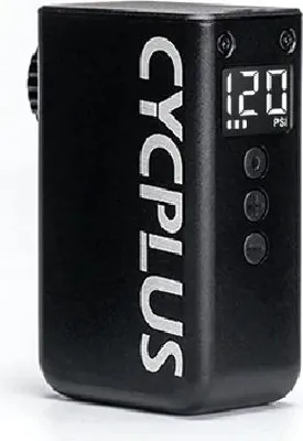A black electric bicycle pump with a digital display showing '120 PSI'.