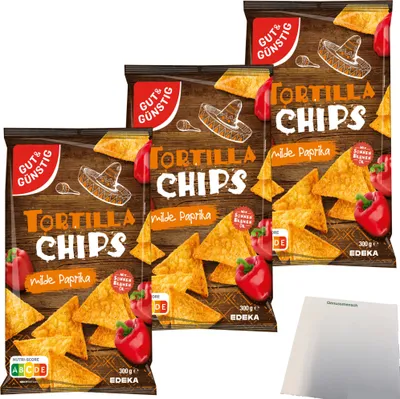 Produktbild von Gut & Günstig Tortillachips Mais-Chips mit Paprikageschmack 3er Pack (3x300g Packung) + usy Block