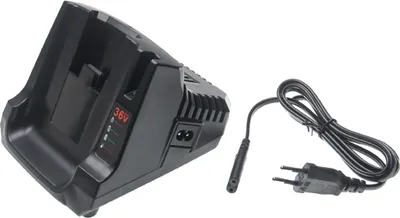 A black battery charger and its power cord are shown against a white background.